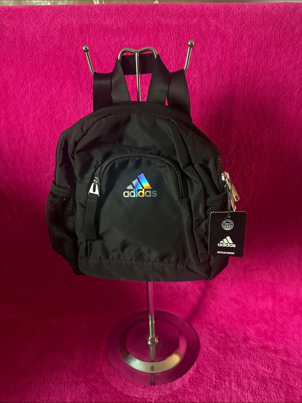 Adidas Black Mini Backpack with Iridescent Rainbow Logo